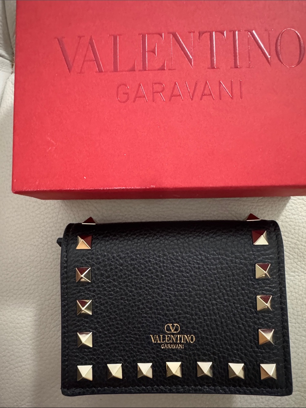 Valentino Garavani Black Leather Card Holder with Gold Rock-studs .new full set